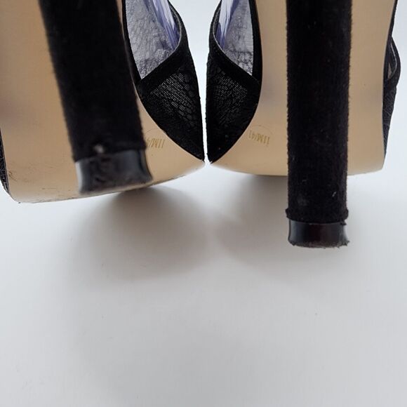 BCBG Black Mesh Floral Lace Stiletto Heels Size 11 Ankle Strap Open Toe Wedding - Picture 6 of 13